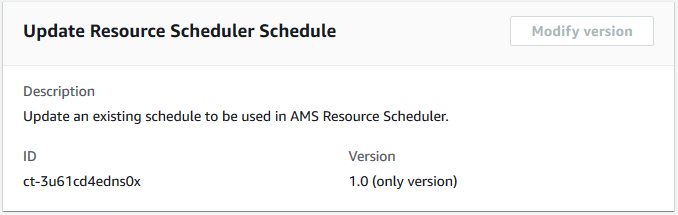 Formular zum Aktualisieren eines vorhandenen Zeitplans im AMS Resource Scheduler mit ID- und Versionsfeldern.