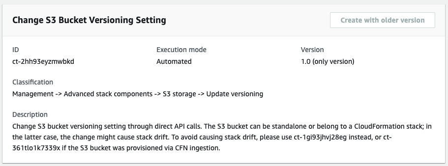 Änderung Seite mit den Einstellungen für die Versionierung von S3-Buckets mit ID, Ausführungsmodus, Version und Klassifizierung