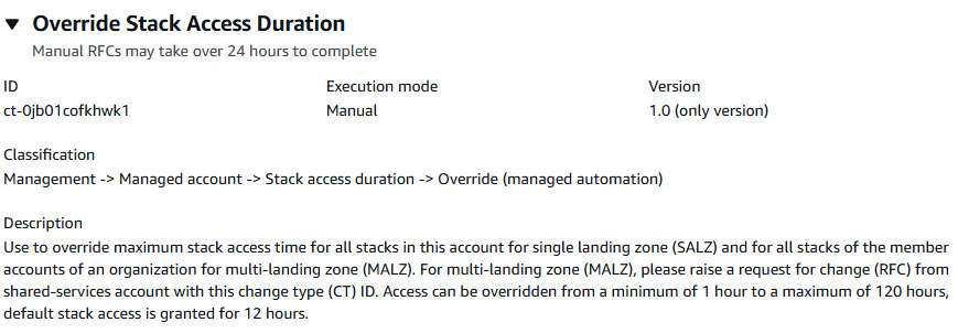 Details zum Änderungstyp „Stack-Zugriffsdauer überschreiben“, wobei der manuelle Ausführungsmodus und die Version angezeigt werden.