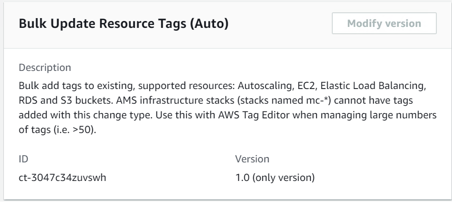 Der Typ der Ressourcen-Tags für die Massenaktualisierung wird mit Beschreibung, ID ct-3047c34zuvswh und Version 1.0 geändert.