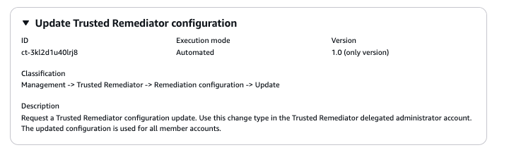 Aktualisieren Sie den Trusted Remediator-Konfigurationsänderungstyp mit ID, Ausführungsmodus und Versionsdetails.