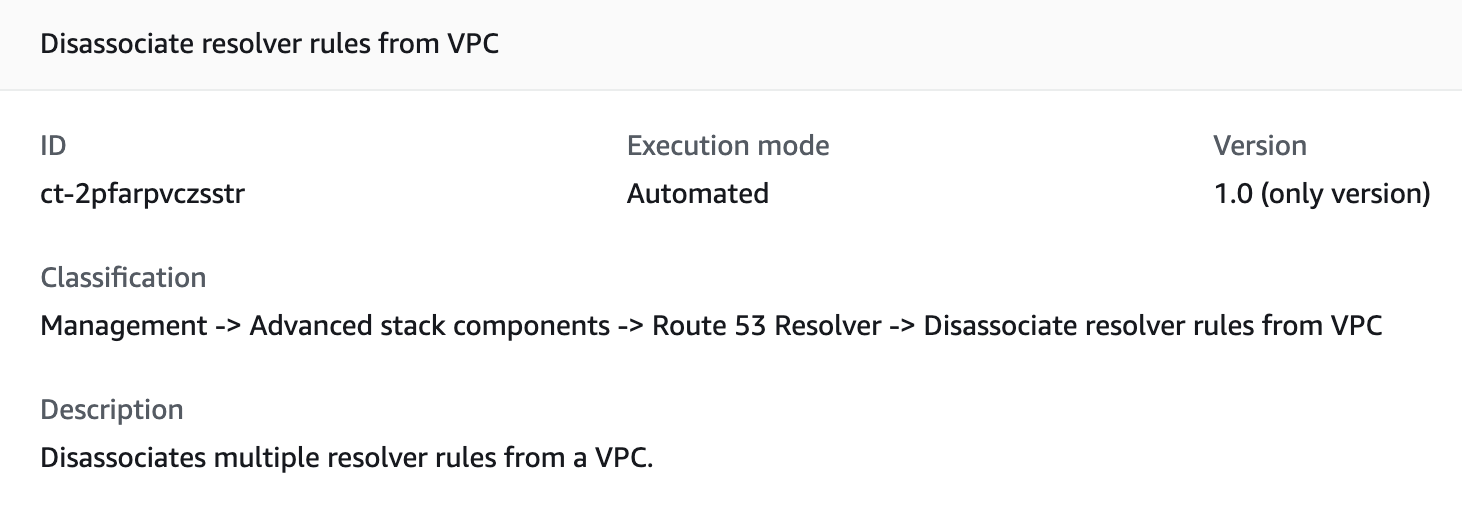 Konsolenseite, auf der Resolver-Regeln vom VPC-Änderungstyp getrennt werden, mit ID, Ausführungsmodus und Versionsdetails angezeigt.