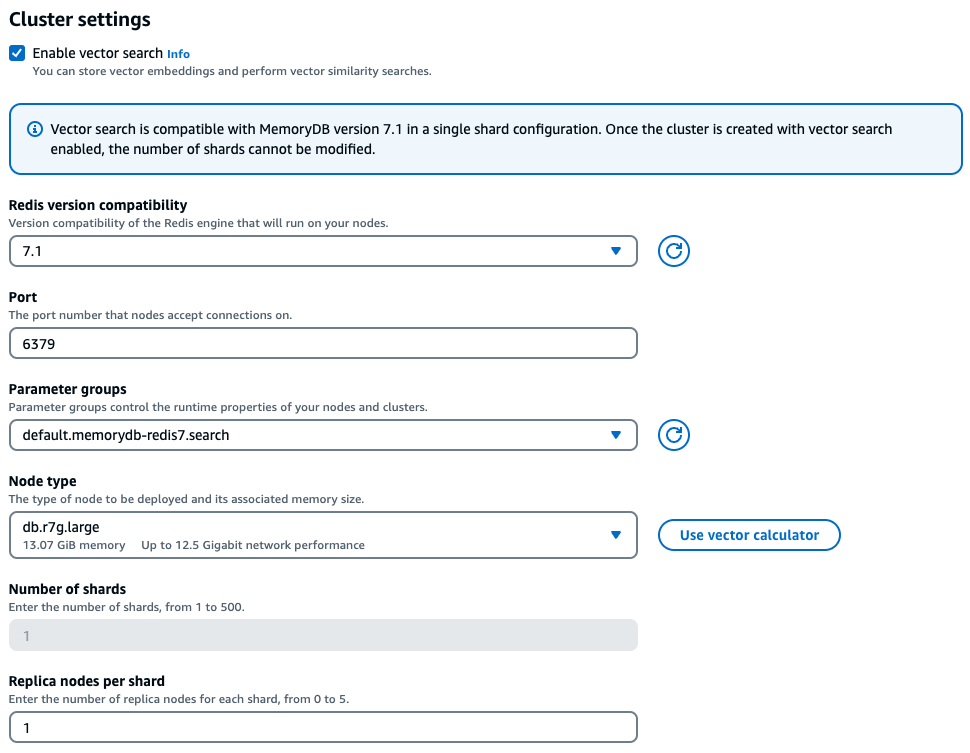 Cluster-Einstellungen für die Vektorsuche in der AWS Konsole.