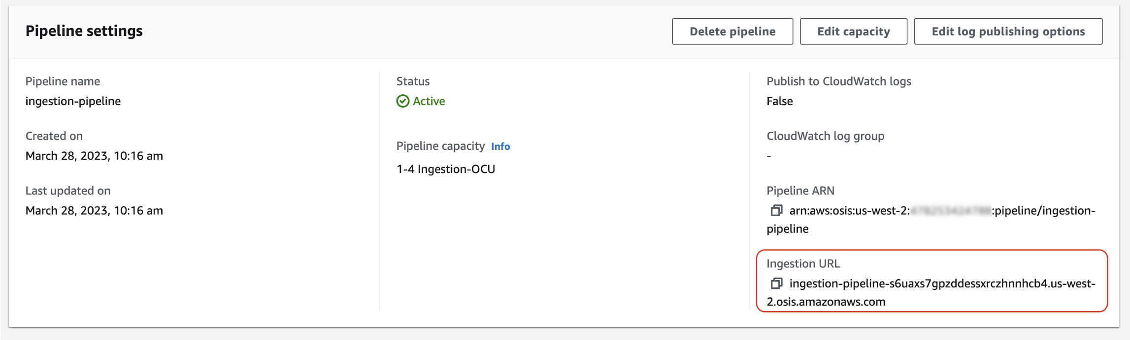 Pipeline settings page showing active status, capacity, and ingestion URL for data input.