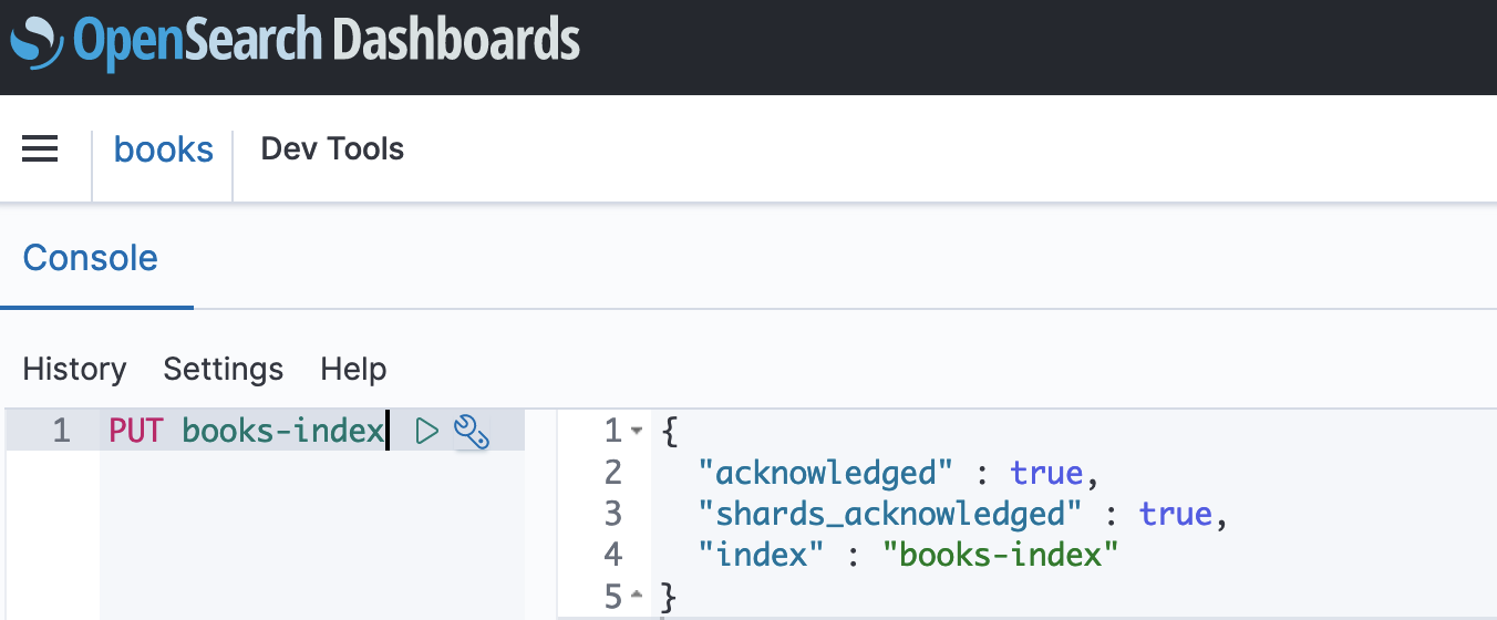 OpenSearch Dashboards console showing PUT request for books-index with JSON response.