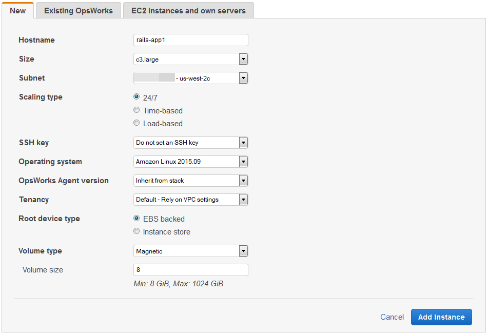 "+Instance" für neue Instances auf der Seite "Instances"