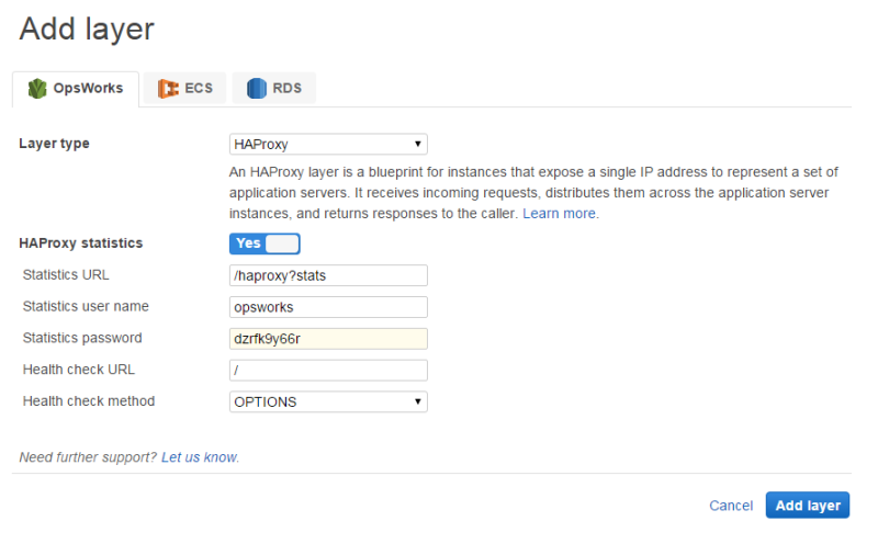 HAProxy layer configuration form with options for statistics and health check settings.