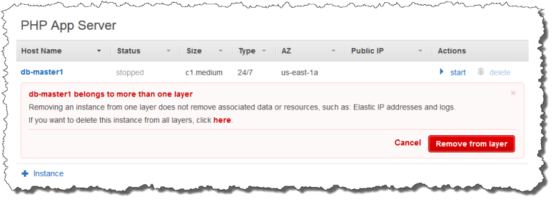 delete-Aktion auf "Instances"-Seite für eine Instance mit mehreren Layern