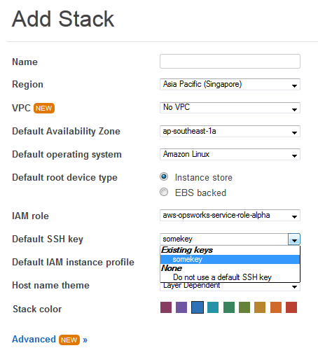 Standard-SSH-Schlüsselliste auf der Seite „Stack hinzufügen“