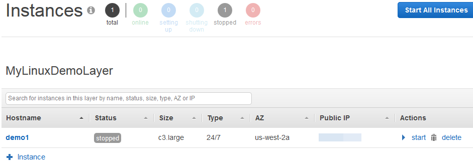 Instances dashboard showing one stopped Linux instance in the us-west-2a availability zone.