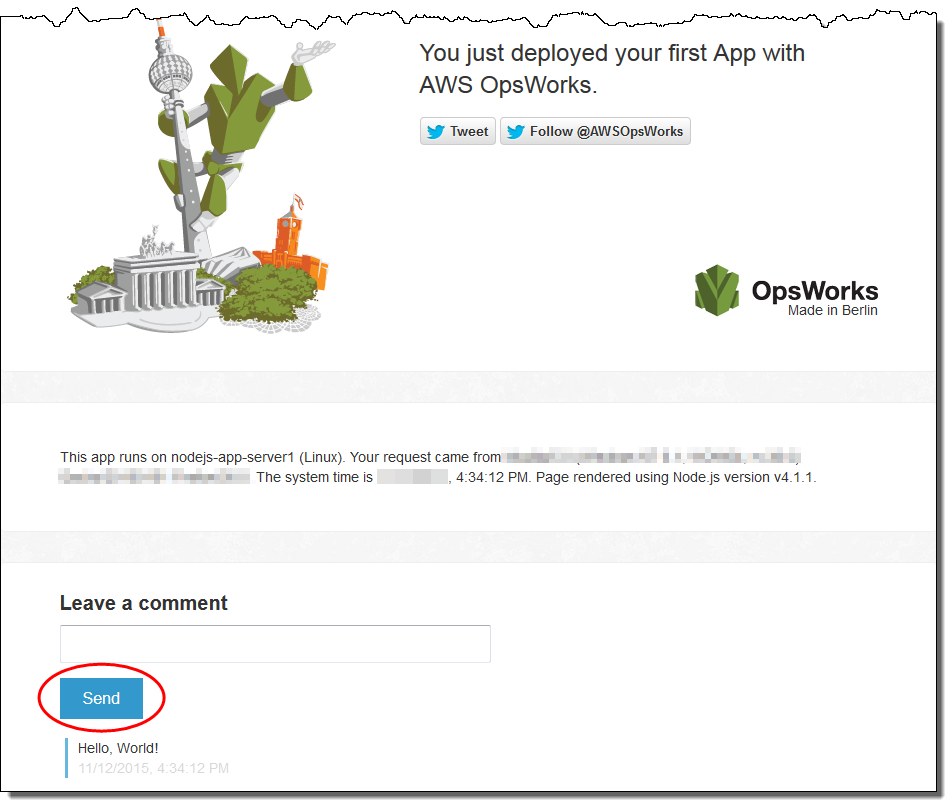 Congratulatory message for deploying first app with AWS OpsWorks, featuring stylized tree and buildings.