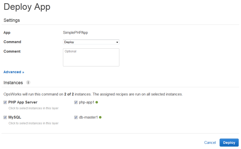 Deploy App interface with settings for SimplePHPApp and instance selection options.