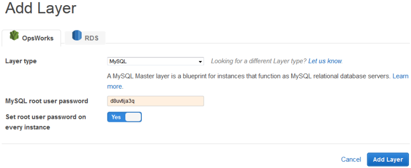 Add Layer interface for MySQL with options to set Root-Benutzer password and apply to all instances.