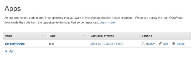 Apps page showing SimplePHPApp with deploy, edit, and delete options in the Actions column.