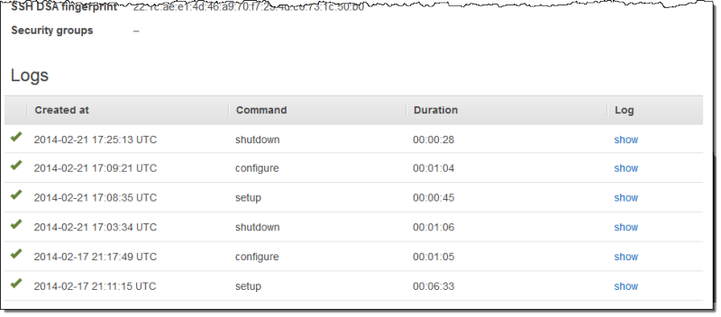 Log entries showing commands, timestamps, and durations for system operations.