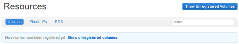 Resources page showing no registered volumes, with option to show unregistered volumes.