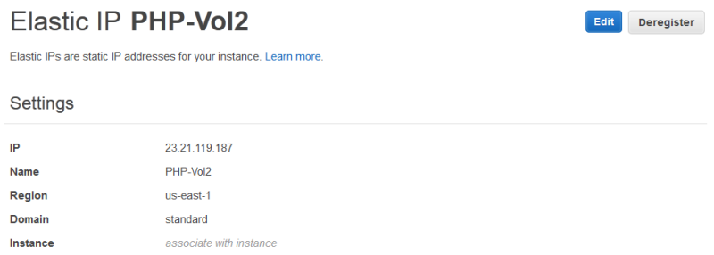 Elastic IP settings page showing IP address, name, region, domain, and instance details.