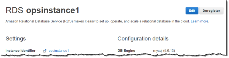 RDS instance details page showing settings and configuration for opsinstance1.