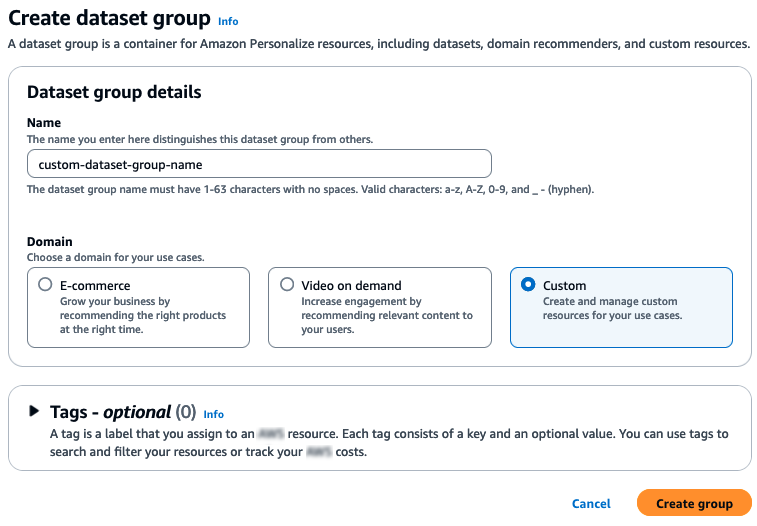 Zeigt die Seite „Datensatz-Gruppe erstellen“ mit den Feldern „Name“, „Domain“ und „Tags“.