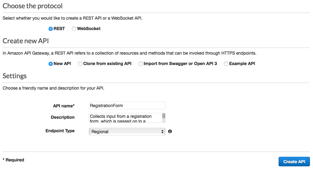 Protokoll ist auf gesetztREST, Neues erstellen ist auf Neu API gesetztAPI, API Name ist auf RegistrationForm gesetzt und Endpunkttyp ist auf Regional eingestellt.