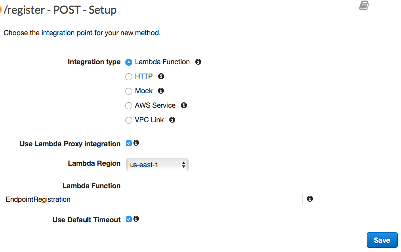 Der Bereich /register - POST - Setup mit ausgewählter Lambda-Funktion.