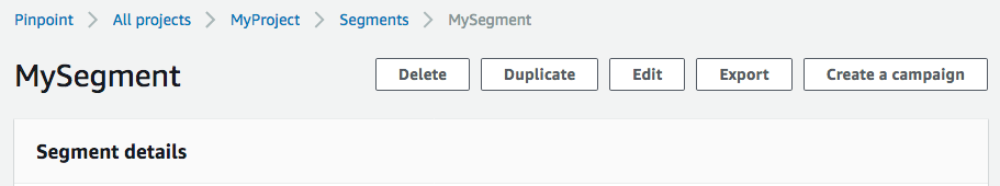 Der Name des Segments enthält fünf Schaltflächen: Löschen, Duplizieren, Bearbeiten, Exportieren und Kampagne erstellen.