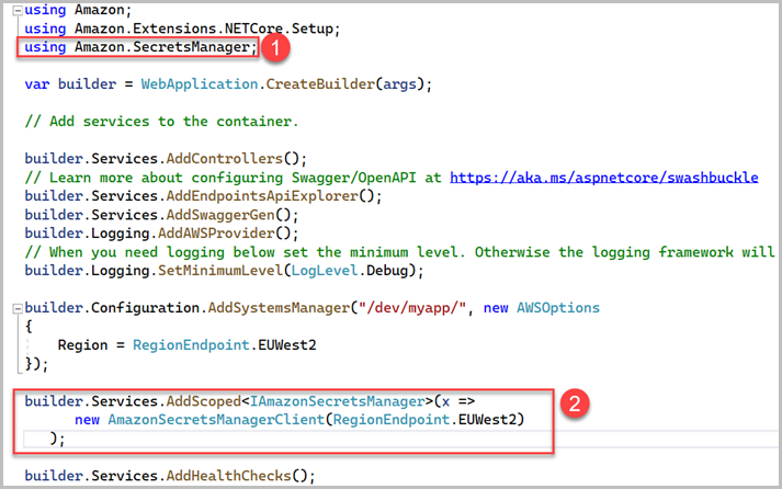 Änderungen an der Datei Program.cs für den Zugriff auf Secrets Manager