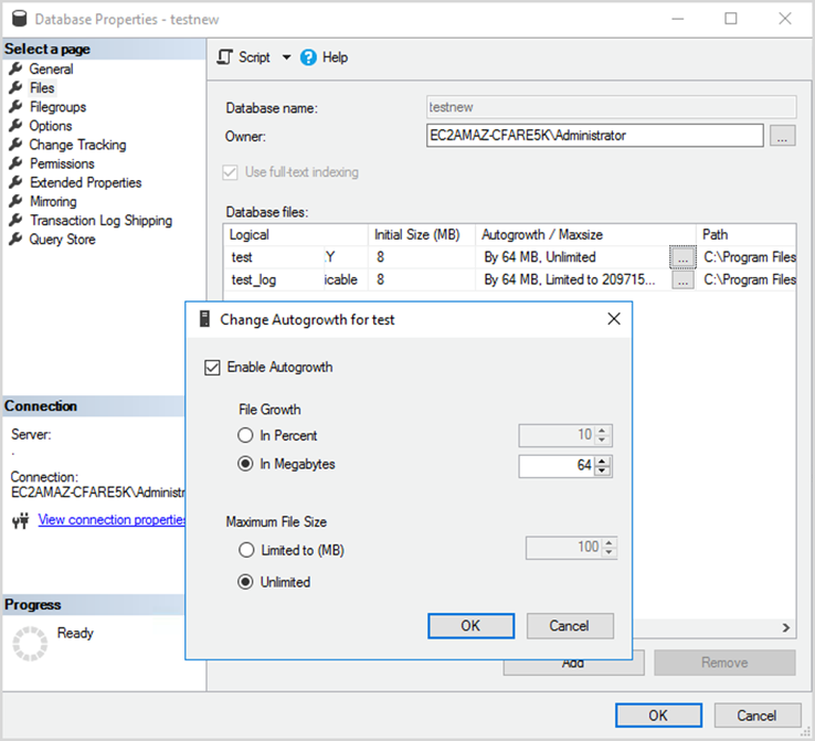 Changing autogrowth settings