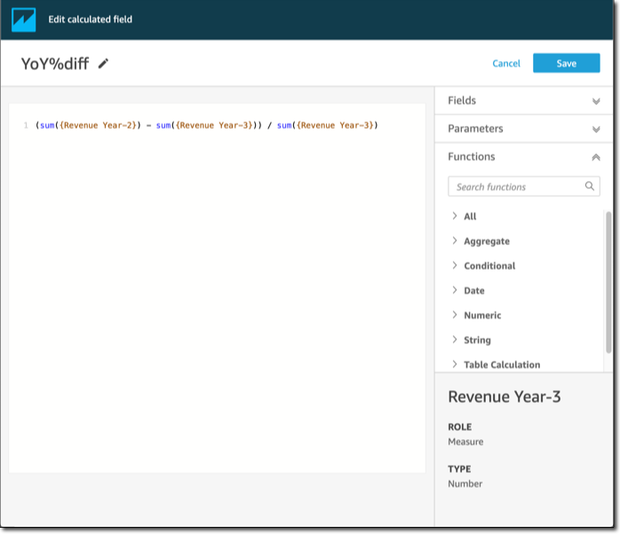 Edit calculated field interface showing YoY%diff formula and function categories.