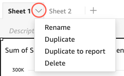 Dropdown menu options for a spreadsheet tab, including Rename, Duplicate, and Delete.