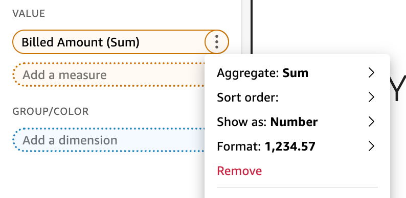 Dropdown menu for "Billed Amount (Sum)" showing aggregation and formatting options.