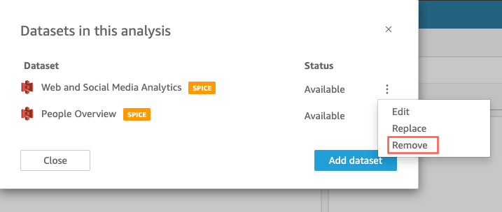 Datasets dialog showing two available datasets with options to edit, replace, or remove.