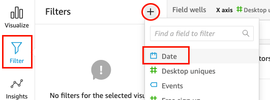 Filters pane showing plus icon and Datum field option for filtering.