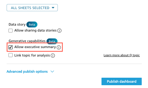 Die Option „Zusammenfassung zulassen“ im Modal „Dashboard veröffentlichen“.