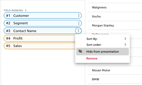 Field ranking interface with customer, segment, contact name, profit, and sales fields.