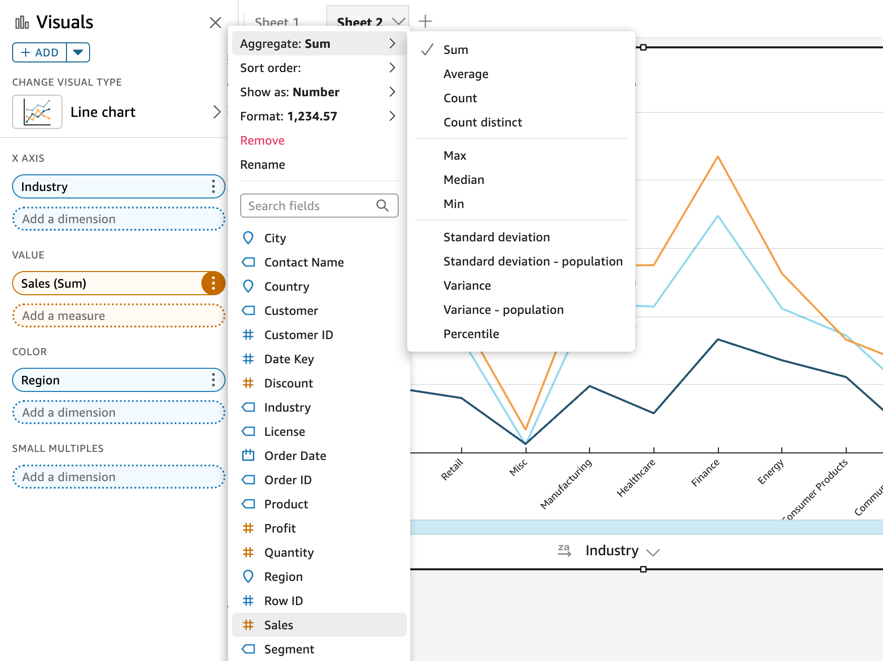 Dropdown menu showing aggregate functions such as Sum, Average, Count, and Max for data analysis.