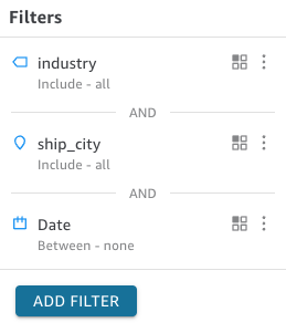 Filter options for industry, ship_city, and Datum with an "ADD FILTER" button.