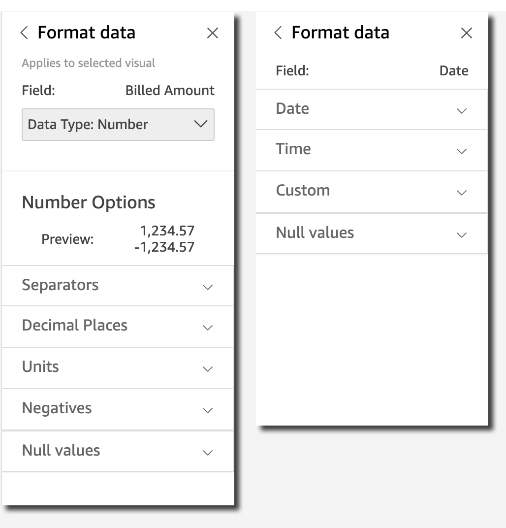 Format data panes for Billed Amount and Datum fields, showing number and date formatting options.