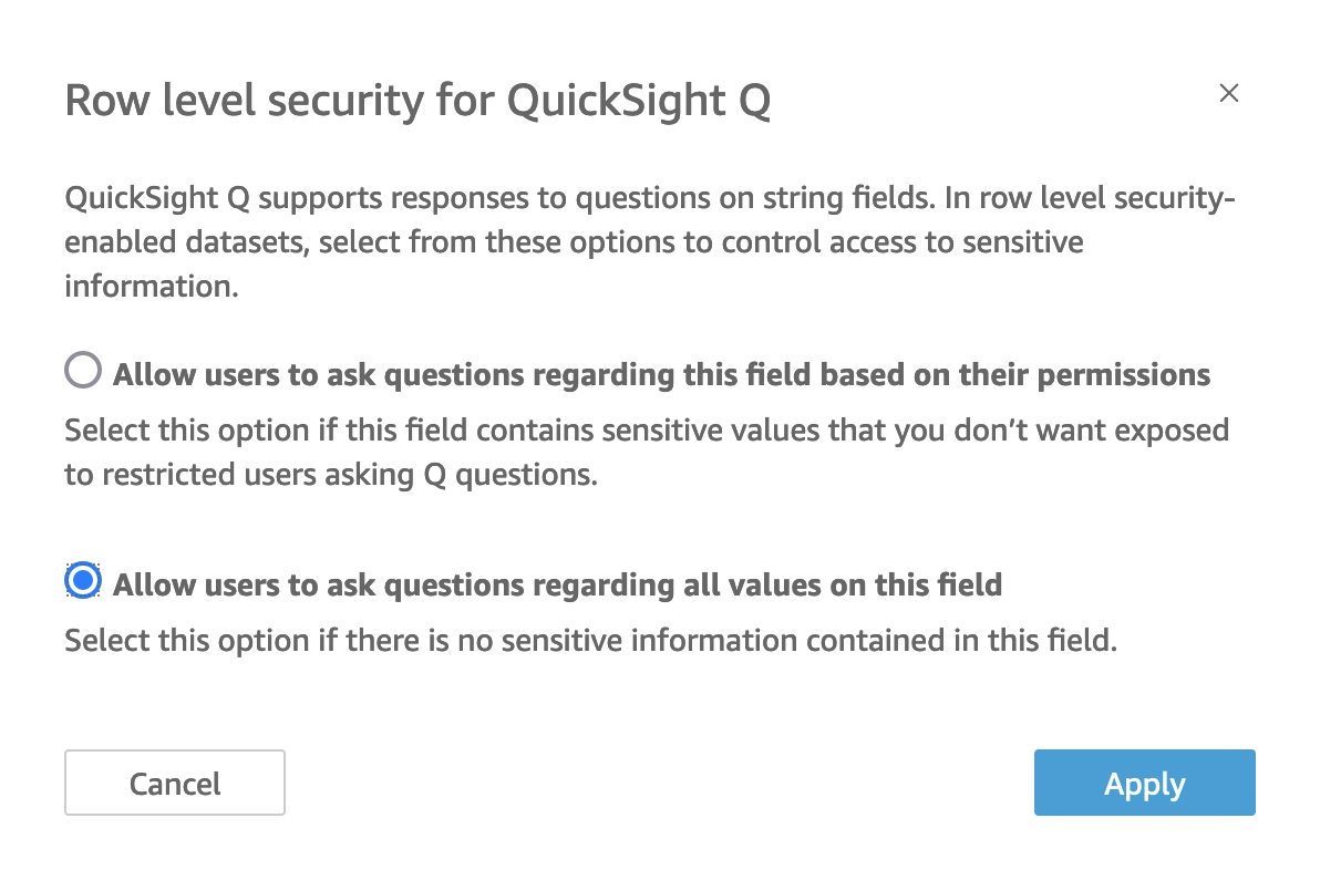 Dies ist ein Bild der Menüseite „Sicherheit auf Zeilenebene für QuickSight Q“.