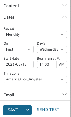 Form fields for scheduling a recurring event, including date, time, and timezone options.