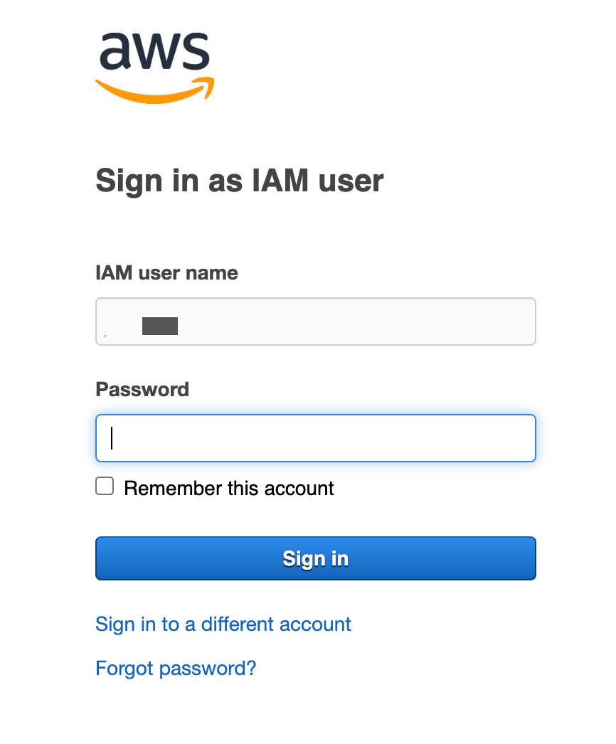 AWS sign-in page for IAM-Benutzer with fields for username and password.