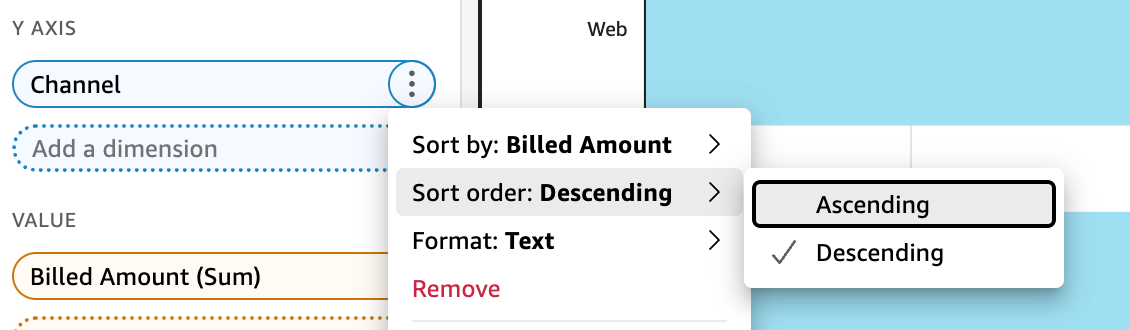 Sort options menu showing "Sort by: Billed Amount" and "Sort order: Descending" with options.