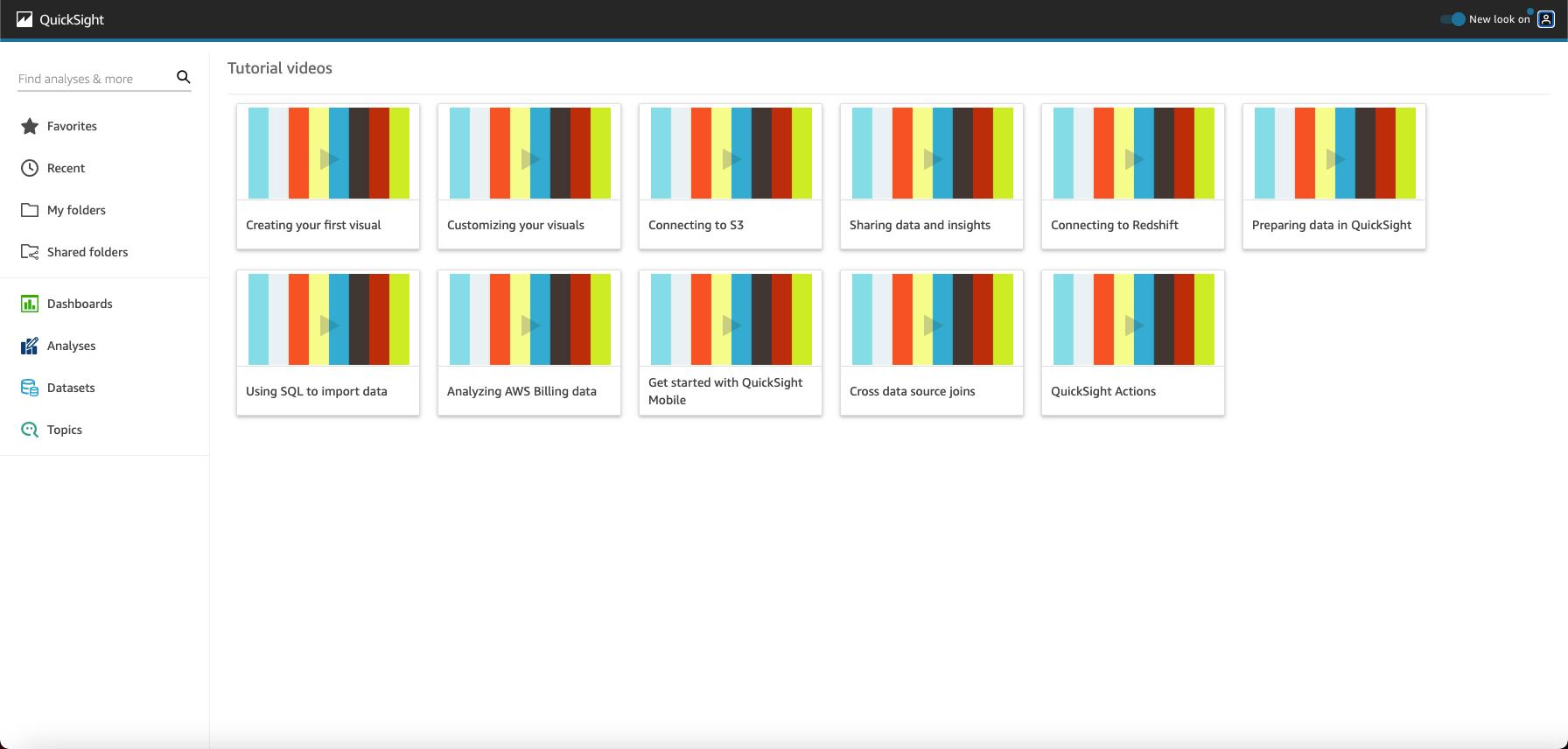 Tutorial videos grid showing various QuickSight topics such as creating visuals and connecting to data sources.