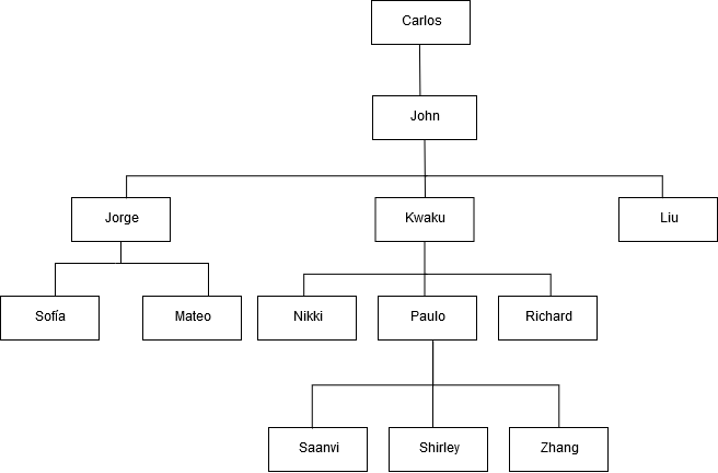 Im Folgenden finden Sie ein Organigramm für Johns Abteilung.