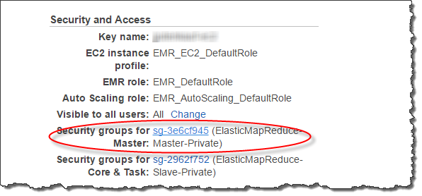 Ein Screenshot, der den Namen der EMR Amazon-Master-Node-Sicherheitsgruppe in der EMR Amazon-Konsole hervorhebt.