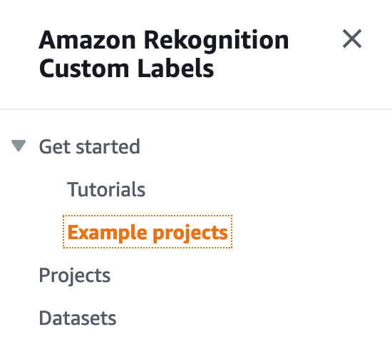 Der Abschnitt Amazon Rekognition Custom Labels enthält Erste Schritte, Tutorials mit hervorgehobenen „Beispielprojekten“, Projekten und Datensätzen.