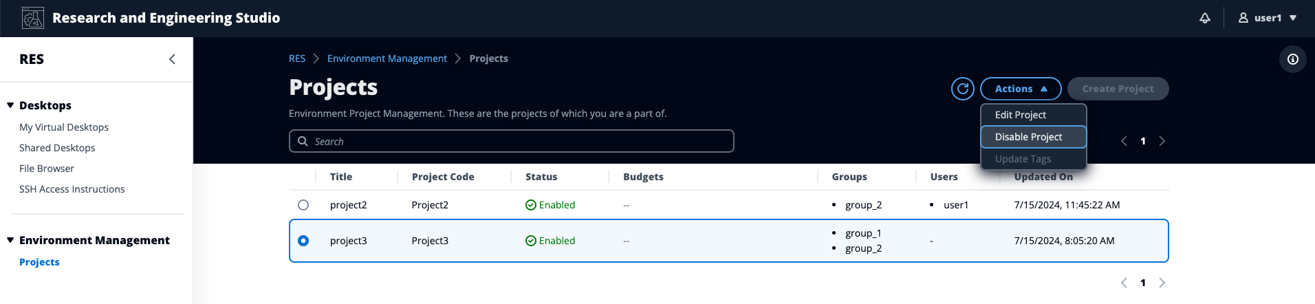 Projects page showing two enabled projects with their details and an Actions dropdown menu.