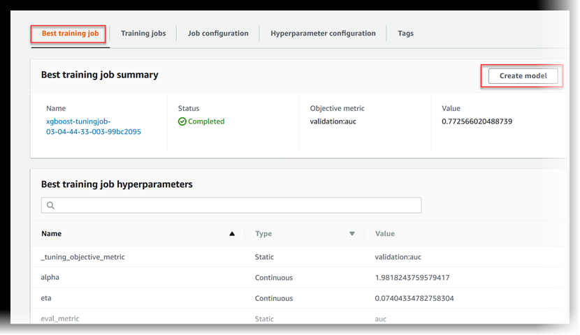 Ort des besten Trainingsauftrags in der Konsole für Hyperparameter-Tuning-Jobs.