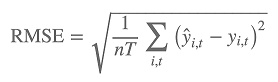 RMSE-Formel: Sqrt(1/nT(Sum[i,t](y-hat(i,t)-y(i,t))^2))