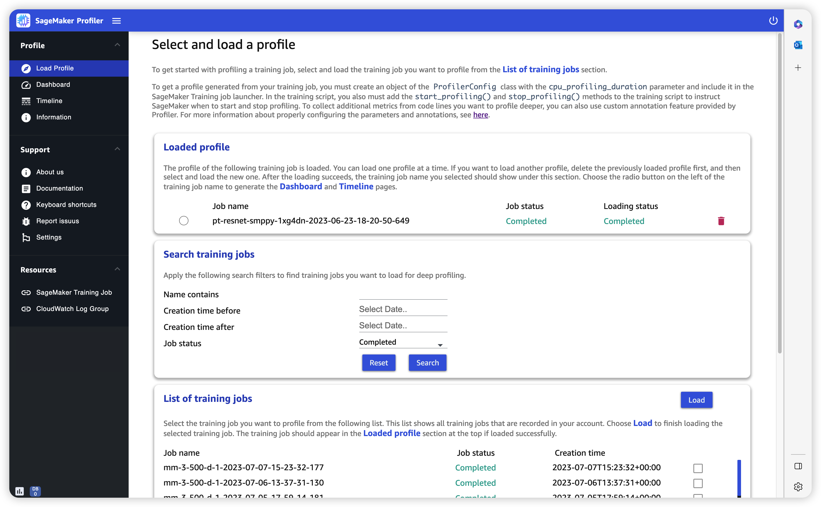 Ein Screenshot der Seite „Profil laden“ in der Profiler-Benutzeroberfläche SageMaker